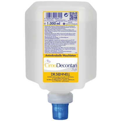 Een 1000 ml kunststofdispenser van de Dr. Schnell CIMODECONTAN SOFT Antimicrobiële Waslotion van DR.SCHNELL GmbH & Co. KGaA, met geel-wit etiket en blauwe dop, voor hygiënische huid- en handreiniging.