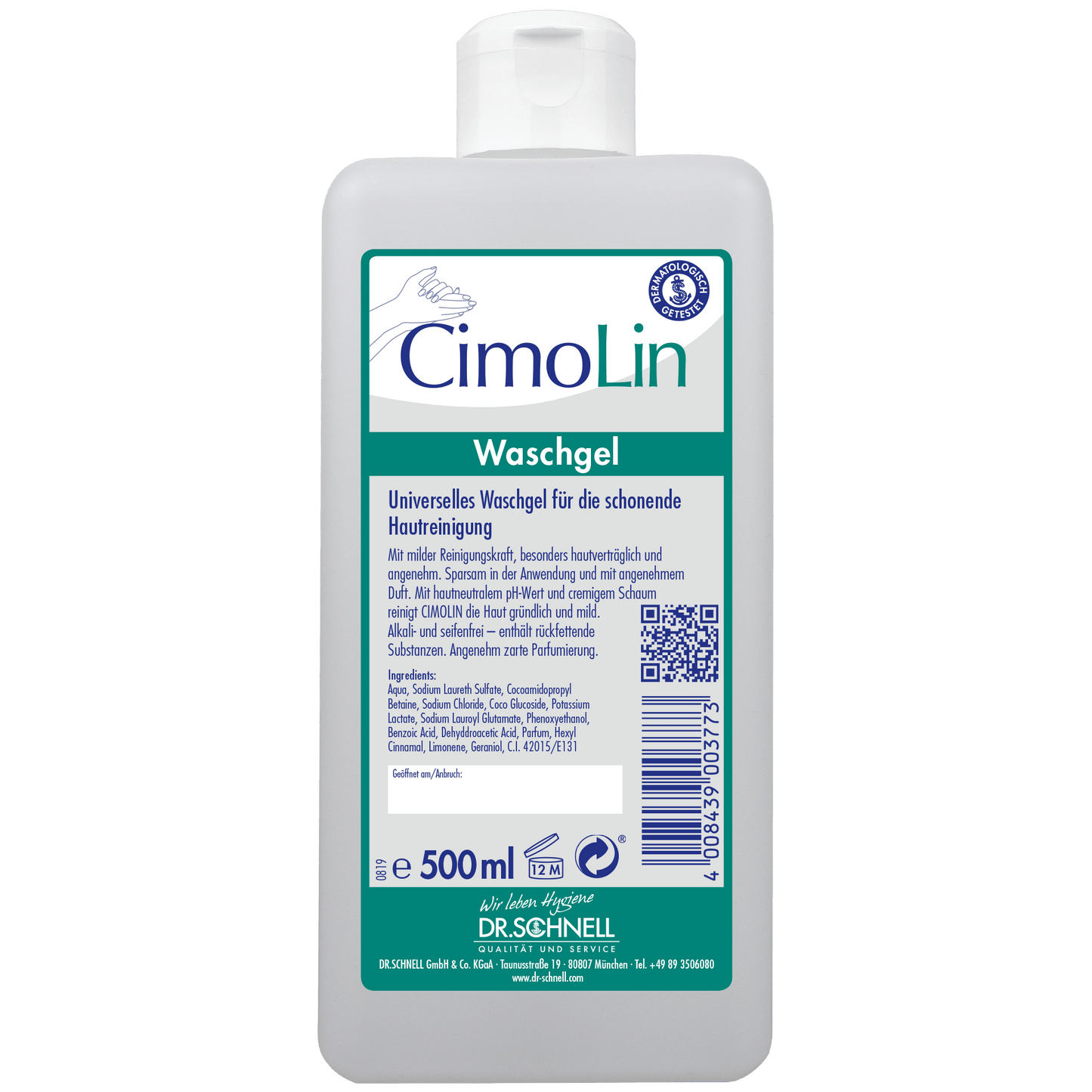Eine weiße 500 ml Dr. Schnell CIMOLIN Spenderflaschen Hautreinigung von DR.SCHNELL GmbH & Co. KGaA mit grüner Kappe und deutschem Etikett - ideal für die sanfte Pflege und effektive Reinigung der Haut.