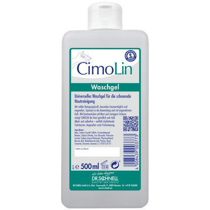 Eine weiße 500 ml Dr. Schnell CIMOLIN Spenderflaschen Hautreinigung von DR.SCHNELL GmbH & Co. KGaA mit grüner Kappe und deutschem Etikett - ideal für die sanfte Pflege und effektive Reinigung der Haut.