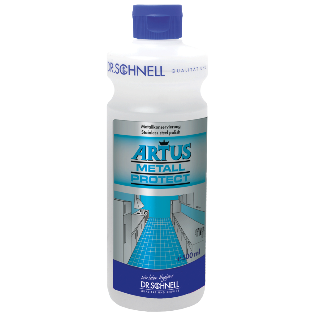 Weiße 500-ml-Kunststoffflasche mit blauem Verschluss von Dr. Schnell ARTUS METALL PROTECT, einem gebrauchsfertigen Oberflächen-Metallschutzmittel für die Gebäudereinigung der DR.SCHNELL GmbH & Co. KGaA; das Etikett zeigt eine illustrierte Küche mit glänzenden Metalloberflächen.