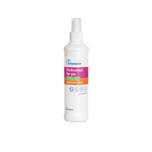 Een 250 ml witte spuitfles van Dr. Schumacher GmbH Professional for you oppervlaktedesinfectie met roze-oranje etiket staat rechtop op een witte ondergrond. Geschikt voor oppervlaktedesinfectie en reiniging.