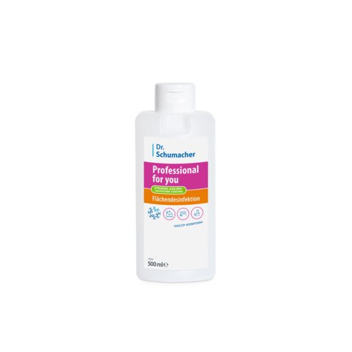 Een witte fles van 500 ml van de Professional for you oppervlaktedesinfectie van Dr. Schumacher GmbH heeft een kleurrijk etiket met blauwe, paarse, gele en oranje secties en symbolen voor hygiëne en virucide desinfectie en reiniging.