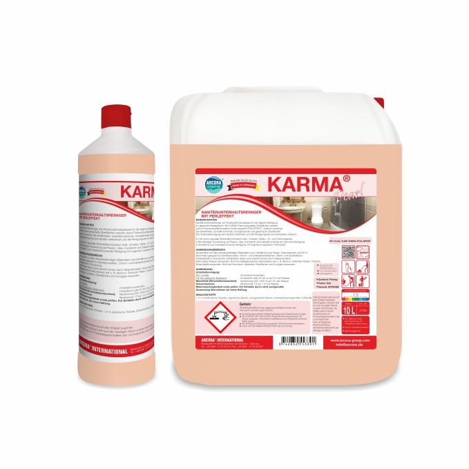 Twee verpakkingen Arcora KARMA PEARL SANITAIR ONDERHOUDSREINIGER MET PARELEFFECT van Arcora International GmbH, een hoge fles met rode dop en een grote witte kanister, beide voorzien van rood-witte etiketten met productinformatie en gevaarsymbolen.