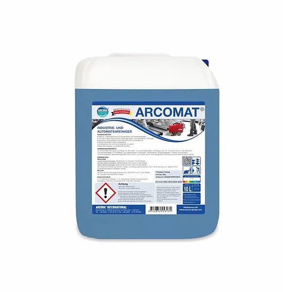 Een 10-liter jerrycan Arcora Arcomat industriële en automatenreiniger van Arcora International GmbH bevat blauwe vloeistof en is voorzien van Duitse gebruiksinstructies, gevarensymbolen en productinformatie voor industriële reiniging.