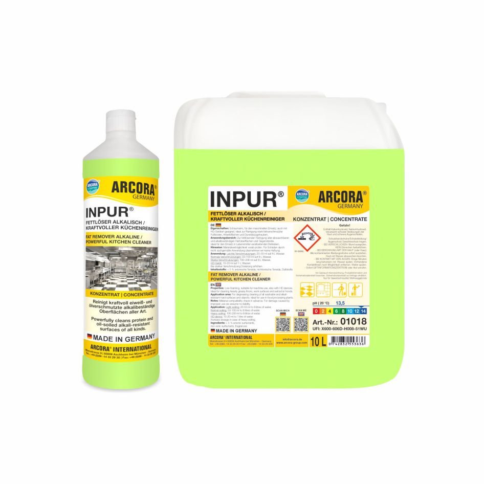 Twee Arcora INPUR VETOPLOSSER ALKALISCH / KRACHTIGE KEUKENREINIGER Verpakkingen van Arcora International GmbH: een witte fles met een gele dop en etiket en een grote doorzichtige geel-groene 10L-kruik. Alkalische formule voor de krachtige keukenreiniging.