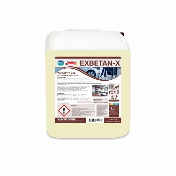 Een witte 10-liter jerrycan met het opschrift "Arcora Exbetan-X Werkplaats- en Industriereiniger" van Arcora International GmbH, met productinformatie, barcode, veiligheidspictogrammen en waarschuwingssymbolen voor de industrie- en werkplaatsreiniging.