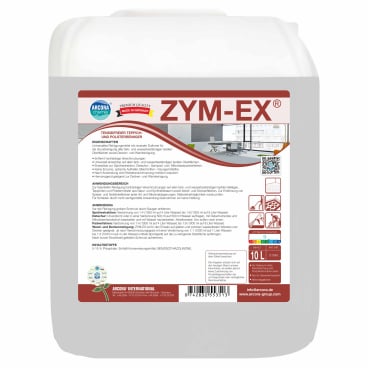 Een witte kunststofkan van 10 liter met het opschrift "Arcora zym-ex" van Arcora International GmbH is een tensidevrije tapijt- en bekledingsreiniger met productinformatie, instructies, symbolen en QR-codes voor industriële reiniging of desinfectie.