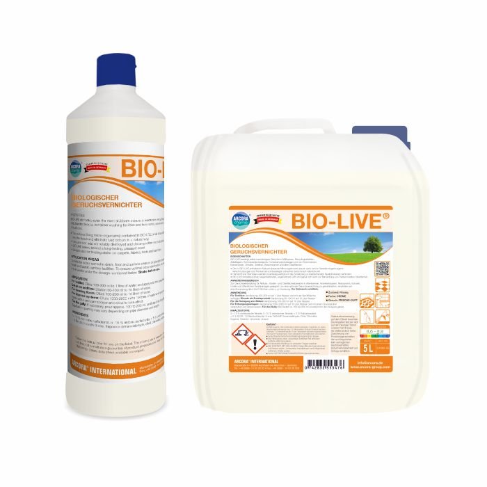 Een witte fles en een 5-liter container van Arcora BIO-LIVE Biologische Reiniger en Geurverwijderaar van Arcora International GmbH, met oranje/blauwe etiketten - ideaal voor milieuvriendelijke reiniging en effectieve geurverwijdering.