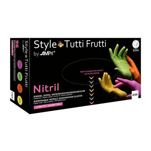 AMPri Style Tutti Frutti nitrilhandschoenen, poedervrij, diverse kleuren | Doos (96 stuks)