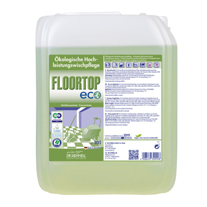 Een 10-liter verpakking Dr. Schnell Floortop Eco vloerreiniger concentraat, ecologisch, zeer effectief van DR.SCHNELL GmbH & Co. KGaA, met Duits etiket en ecosymbolen. Groene vloeistof binnenin zichtbaar; ideaal voor waterbestendige vloerbedekkingen.