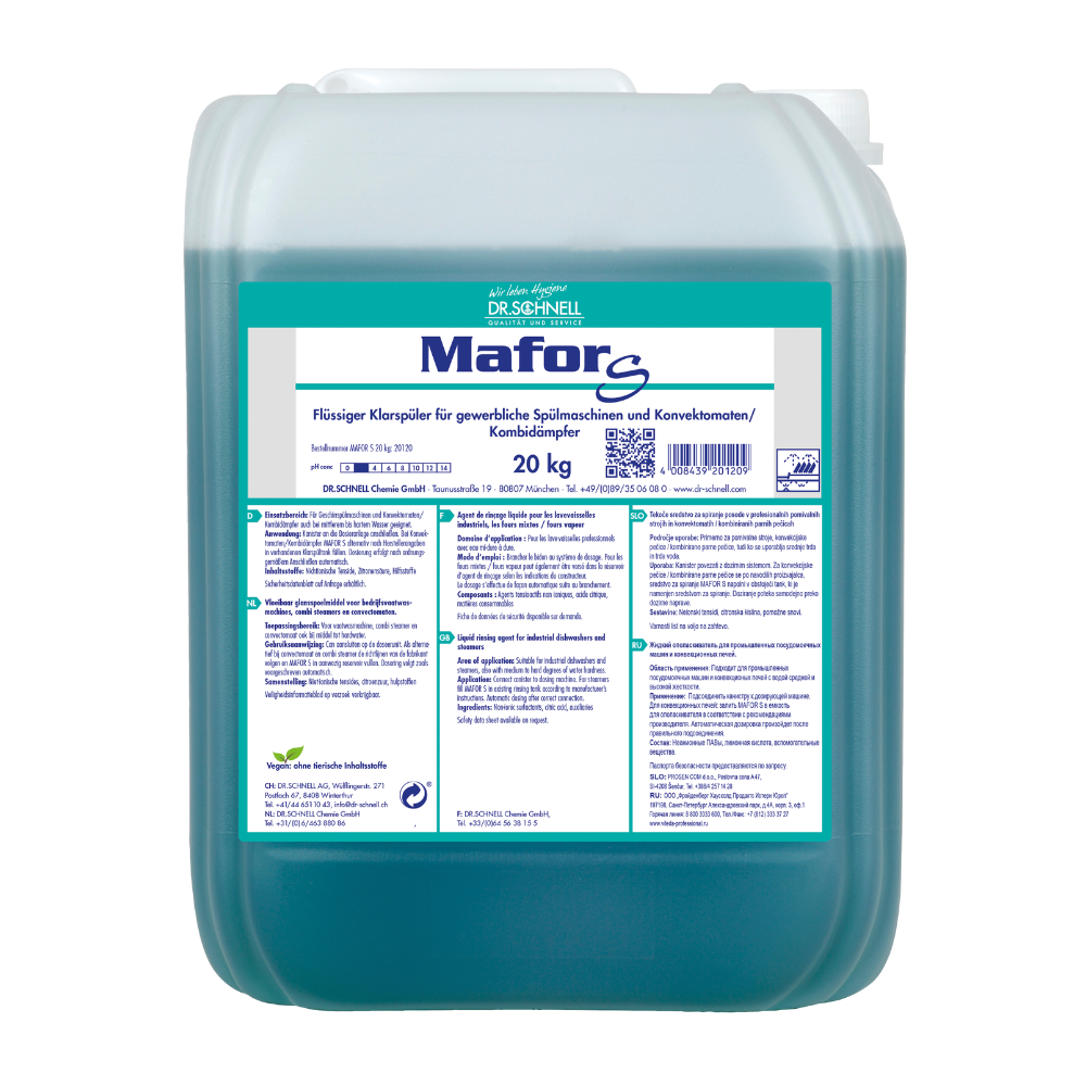Ein 20-kg-Kunststoffbehälter von Dr. Schnell MAFOR S Saurer Klarspüler für gewerbliche Geschirrspülmaschinen von DR.SCHNELL GmbH & Co. KGaA, blaue Flüssigkeit, mit einem deutschen weiß-grünen Etikett mit Produktinformation und Sicherheitshinweisen.
