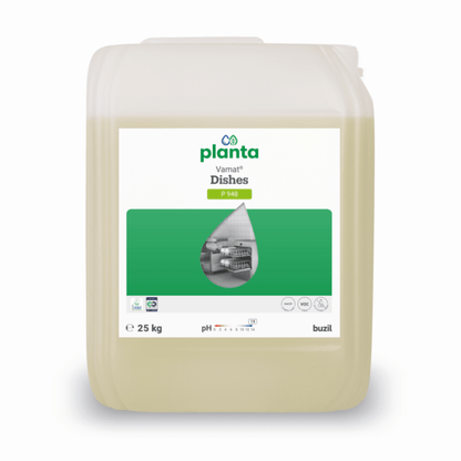 Een doorzichtige kunststof jerrycan van 25 liter met Vamat® P948 van BUZIL-WERK, een milieuvriendelijk, alkalisch vloeibaar glas- en afwasmiddel voor professionele machines, voorzien van een groen-wit etiket en een afbeelding van keukengerei op de voorkant.