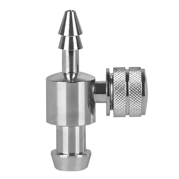 De Pressure Man II ontluchtingsklep, standaard met draaiknop (1 stuk), is een CO2-terugslagklep van roestvrij staal met geribbelde handgreep en mondstuk, ideaal voor drank- of aquariumsystemen, afgebeeld op een witte achtergrond.