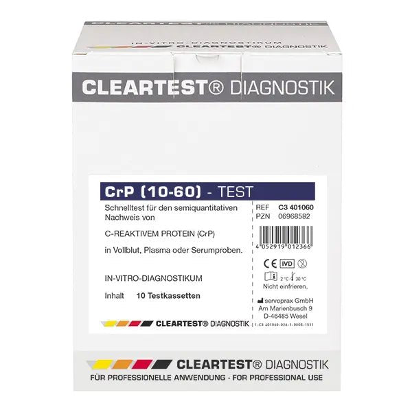 Cleartest CrP HS (10/60) Hooggevoelige grenswaarde: 10 mg/l Referentie: 60 mg/l Verpakking: 10 tests | Pakket (10 testen)