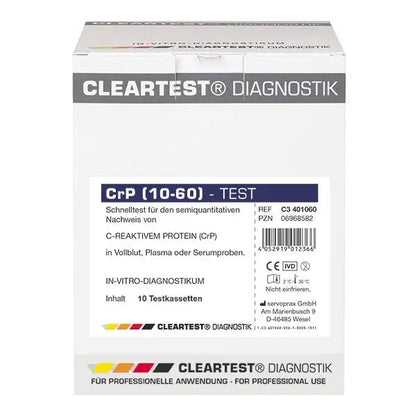 Cleartest CrP HS (10/60) Hooggevoelige grenswaarde: 10 mg/l Referentie: 60 mg/l Verpakking: 10 tests | Pakket (10 testen)
