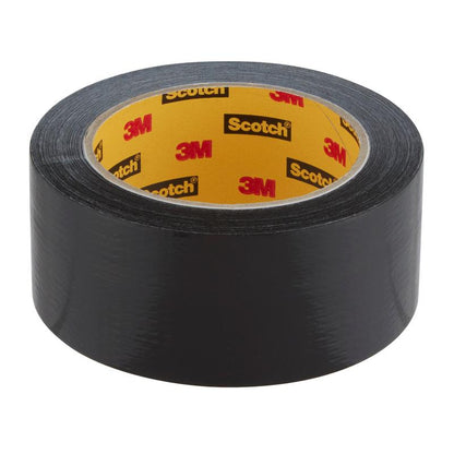 Het Scotch® Universal Tape 2904 (25 m x 48 mm) van 3M Deutschland GmbH is een zwarte tape-rol met gele kern waarop het 3M- en het Scotch-logo op een witte achtergrond zijn afgebeeld.