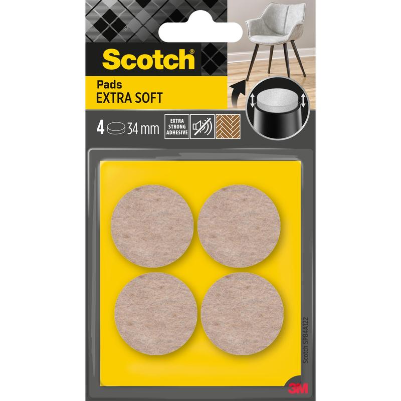 Een verpakking 3M Scotch® Extra zachte viltpads, zelfklevend, beige (4 ronde pads, 34 mm), biedt extra sterke lijm voor vloerbescherming onder meubels.