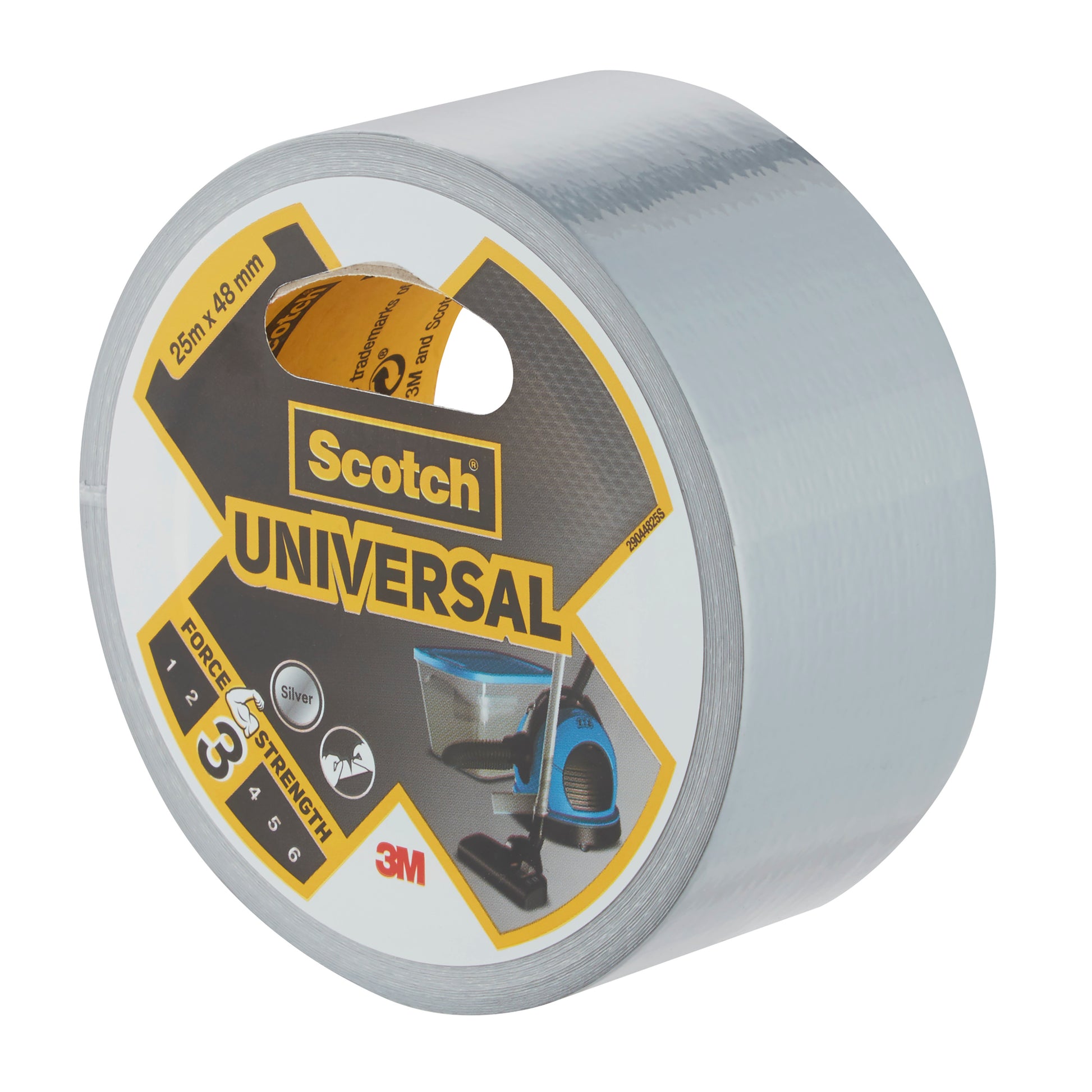 Eine Rolle 3M Deutschland GmbH Scotch® Universal Klebeband 2904, 25 m x 48 mm in Silber, abgebildet in einer Verpackung. Das Etikett enthält die Marke, den Produktnamen, die Klebebandbreite (48 mm) und eine Festigkeitsklasse von 3 von 6.