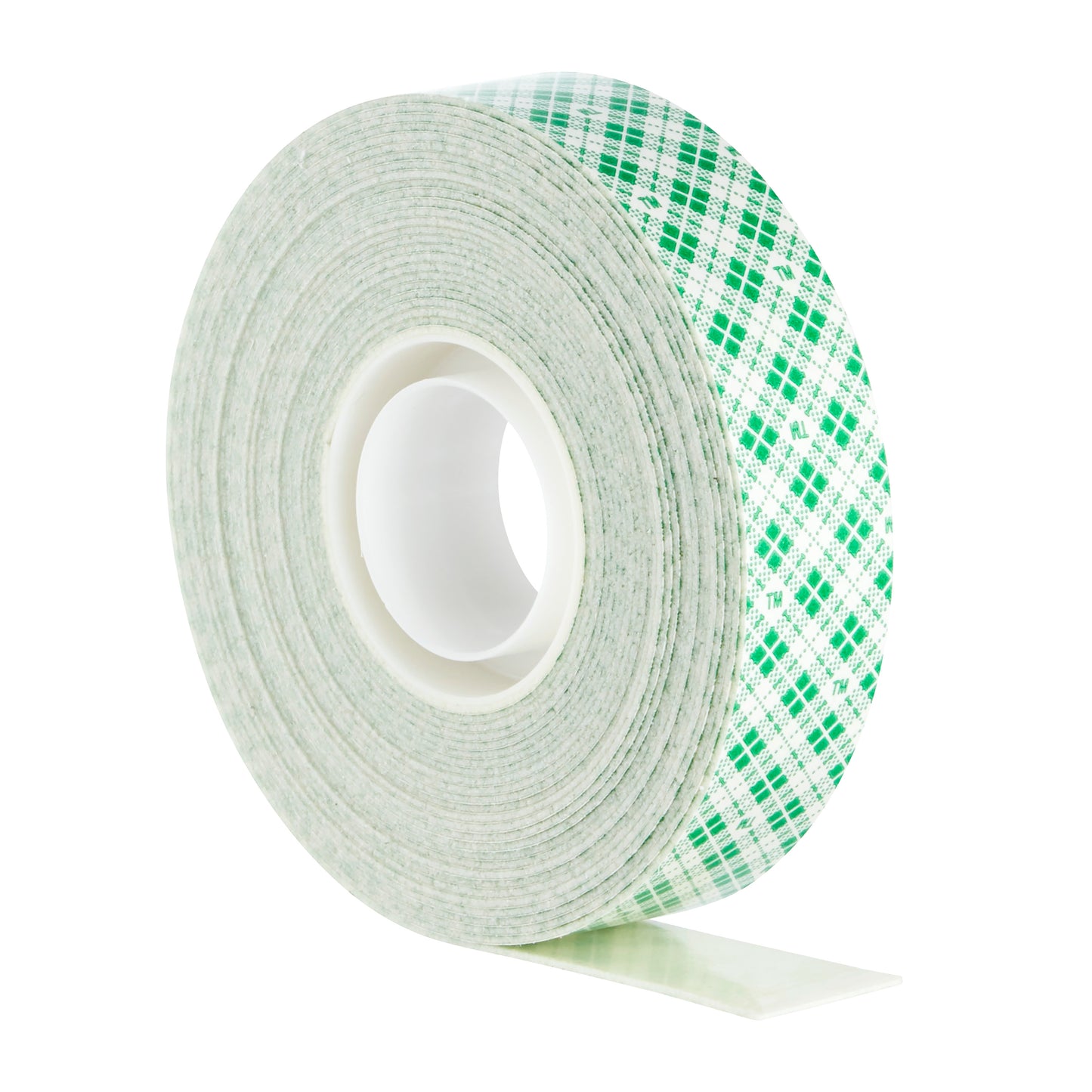 Das Scotch-FIX™ Doppelseitiges Innenmontageband der 3M Deutschland GmbH hat einen weißen Kern mit grünem Karomuster und ist aufrecht mit einem kleinen Teil des Klebebandes abgebildet.