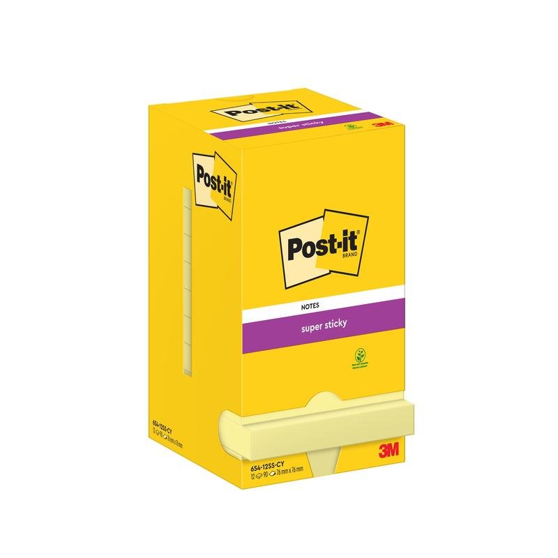 Een gele doos Post-it® Super Sticky Notes (76 mm x 76 mm, 90 vel/blok) van 3M Deutschland GmbH is rechtopstaand afgebeeld, met het merk- en productnaam en een bodemopening voor gemakkelijke toegang tot de notities.