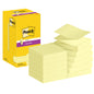 Ein geöffneter Karton mit 3M Post-it® Super Sticky Z-Notes, Gelb (76 x 76 mm), 90 Blatt/Block, 12 Blöcke/Packung, PEFC-zertifiziert durch SGSCH-PEFC-COC-110078 zeigt ordentlich angeordnete gelbe Zettel neben dem Karton.