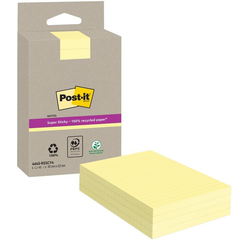 Afgebeeld is een verpakking Post-it® Super Sticky 100% Recycling Notes van 3M Deutschland GmbH (geel, gelinieerd, 102 x 152 mm, 45 vellen/blok, 4 blokken/verpakking) met PEFC (SGSCH-PEFC-COC-110078) bruine verpakking en geel etiket.