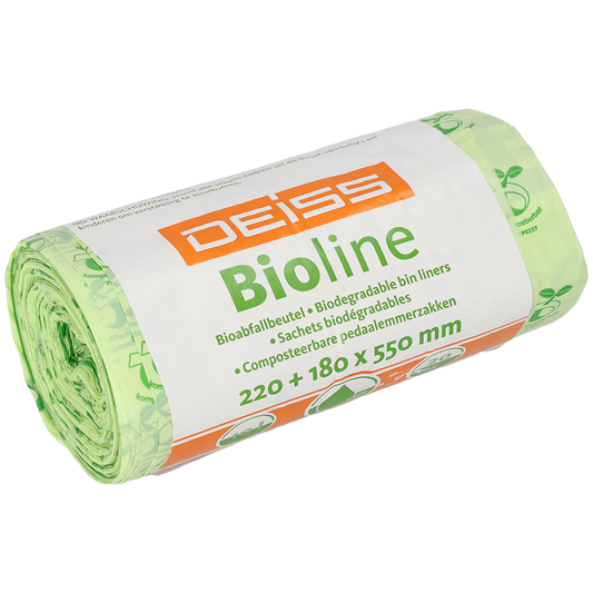 Eine Rolle EMIL DEISS KG (GmbH + Co.) DEISS BIOLINE Müllbeutel, Biofolie, 10 L, Natur, 220+180x550x0,018 mm (20 Beutel), in grüner Verpackung mit mehrsprachiger Beschriftung.