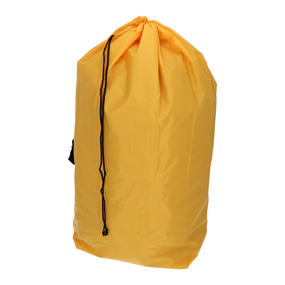 Ein großer gelber EMIL DEISS KG (GmbH + Co.) DEISS 6507 wiederverwendbarer Abfallsack 700x1100 mm, Packung (1 Stück), steht aufrecht mit schwarzen Kordelzügen und einem kleinen Frontaufnäher, perfekt für umweltfreundliche Abfallentsorgung.