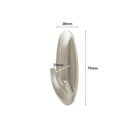 Der Command™ Medium Designer-Haken in Metall-Look von 3M Deutschland GmbH (17081BN) ist abgebildet. Maße: 28 mm Breite, 29 mm Tiefe, 79 mm Höhe - mit Pfeilen und Text gekennzeichnet.