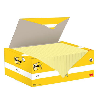 Een gele doos met Post-it® Notes (76 x 127 mm) van 3M Deutschland GmbH bevat 16 blokken plus 4 gratis blokken met elk 100 gele vellen. Gecertificeerd 100% PEFC, ideaal voor kantoorbenodigdheden en notities op de werkplek of thuis. Verpakking: 1 stuk.