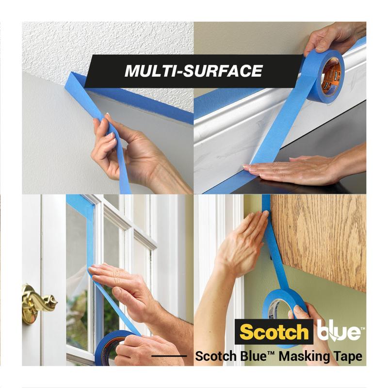 Vier afbeeldingen tonen handen die ScotchBlue™ schilderafplaktape "Multi-Surface" van 3M Deutschland GmbH op een gestructureerd plafond, een plint, een raamkozijn en een geschilderde muur aanbrengen. De tekst luidt "Multi-Surface" en "Scotch Blue Masking Tape".