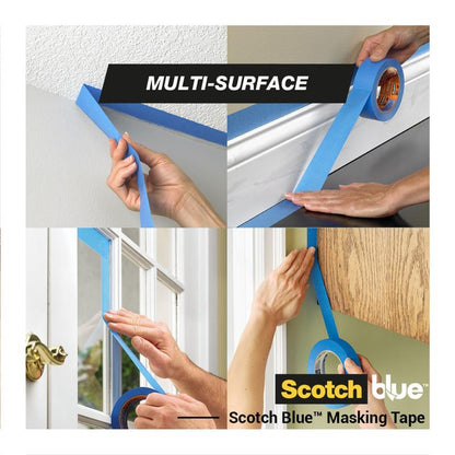 Vier afbeeldingen tonen handen die ScotchBlue™ schilderafplaktape "Multi-Surface" van 3M Deutschland GmbH op een gestructureerd plafond, een plint, een raamkozijn en een geschilderde muur aanbrengen. De tekst luidt "Multi-Surface" en "Scotch Blue Masking Tape".