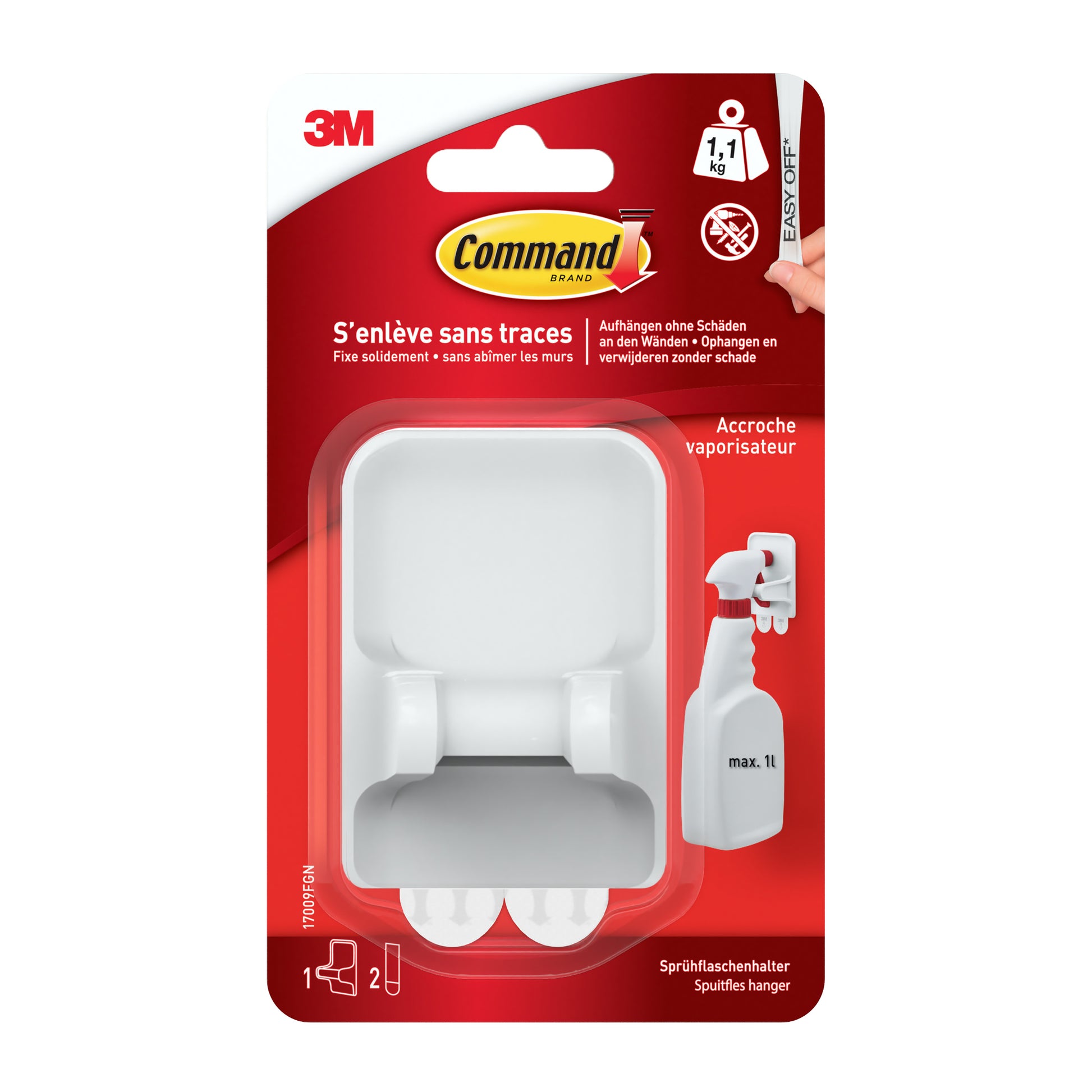 Der Command™ Sprühflaschenaufhänger 17009 von 3M Deutschland GmbH fasst Flaschen bis zu 1L und wird mit Klebestreifen, einer weißen Kunststoffhalterung und einer rot-weiß verpackten Montageanleitung geliefert.