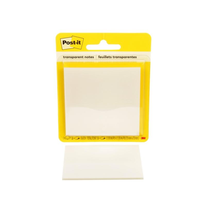 Een pakje 3M Deutschland GmbH Post-it® Transparante Notities, 73x73 mm, met 36 vellen per blok en een heldere achterkant. De tekst is aan de bovenzijde zichtbaar; perfect voor het organiseren van notities. 1 stuk per verpakking.
