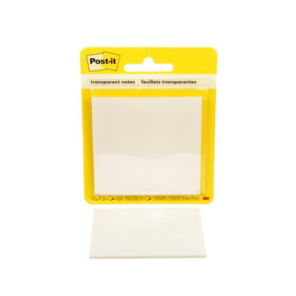 Een pakje 3M Deutschland GmbH Post-it® Transparante Notities, 73x73 mm, met 36 vellen per blok en een heldere achterkant. De tekst is aan de bovenzijde zichtbaar; perfect voor het organiseren van notities. 1 stuk per verpakking.