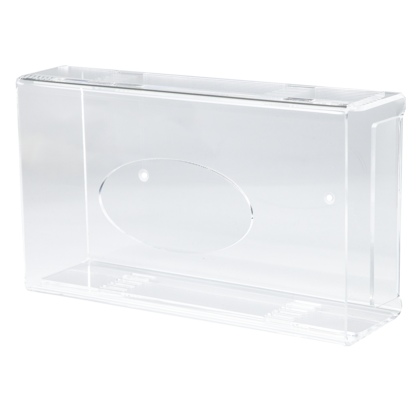 Der AMPri Einmalhandschuh Spender ist ein transparenter, milchiger Acryl-Spenderhalter (250 x 135 x 55-90 mm) mit glatten Kanten und einer ovalen Vertiefung auf einer Seite, abgebildet auf einem schlichten weißen Hintergrund.