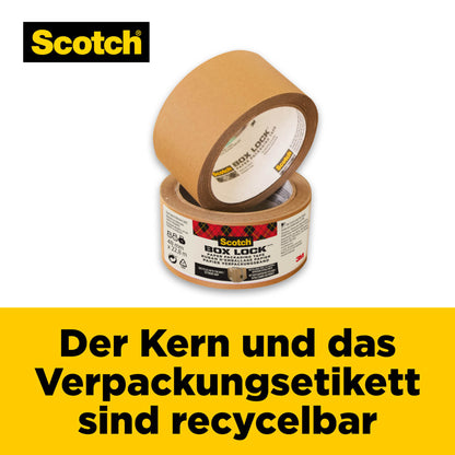 Eine Rolle Scotch® Box Lock™ Papier-Verpackungsband (48 mm x 22,8 m) von 3M Deutschland GmbH ist mit sichtbarem Etikett abgebildet. Text weist auf recycelbare Hülse und Verpackungsetikett hin. Gelber Hintergrund, Scotch-Logo oben links.