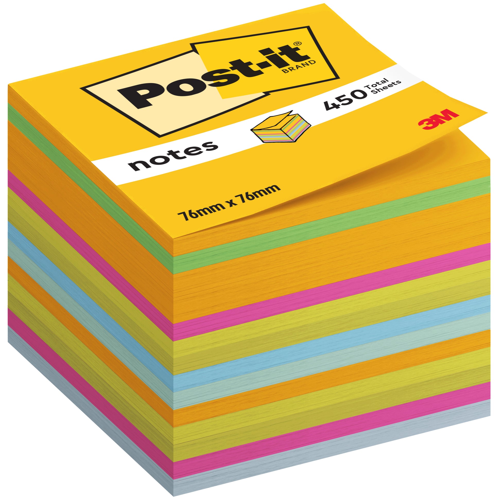 Eine Packung der 3M Deutschland GmbH Post-it® Notes Würfel, Ultra-Farben, mit 450 Blatt in leuchtenden Farben. Jede Notiz ist 76 mm x 76 mm groß, PEFC-zertifiziert (SGSCH-PEFC-COC-110078) und wird in einem würfelförmigen Block pro Packung geliefert.