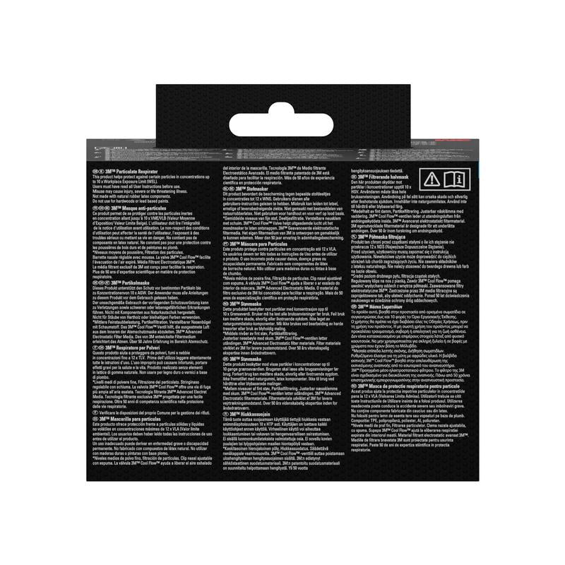 De achterkant van de verpakking van het 3M™ Cool Flow™ deeltjesmasker 8822 FFP2 van 3M Deutschland GmbH toont meerdere kolommen met witte, meertalige tekst op een zwarte achtergrond, die instructies, waarschuwingen en productdetails bevat. Bovenaan is een ophanglip te zien.