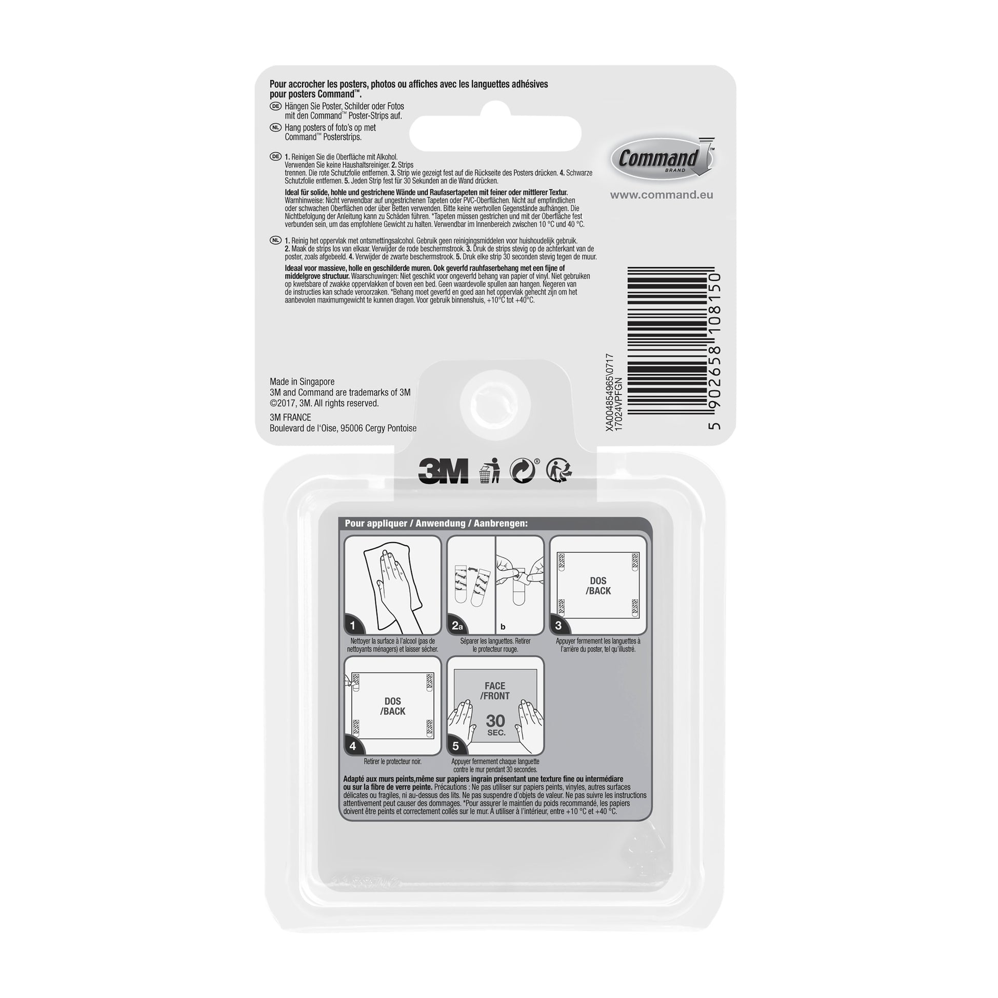 Rückseite der Command™ Poster-Strips im Vorteilspack (17024-VP, 3M Deutschland GmbH) mit Anleitung und Abbildungen: Streifen trennen, Folie abziehen, Streifen anbringen und an die Wand drücken. Oben sind Packungsdetails und Barcode sichtbar.