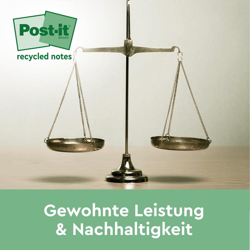 Een metalen weegschaal staat op een houten oppervlak. Linksboven verschijnt het logo van de Post-it® Recycling Z-Notes (76 mm x 76 mm, 100 vel/Blok, 100% PEFC) van 3M Deutschland GmbH. Onderaan staat de Duitse tekst: "Gewoonte prestaties & duurzaamheid."