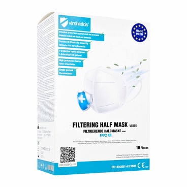 Op een doos Mask Authority sp. z o.o. Virshields FFP2-masker VS005, 5-laags | 1 stuk, staat een afbeelding van een wit masker met beschermingssymbolen en een meertalige beschrijving van de kenmerken; elke doos bevat 10 stuks.