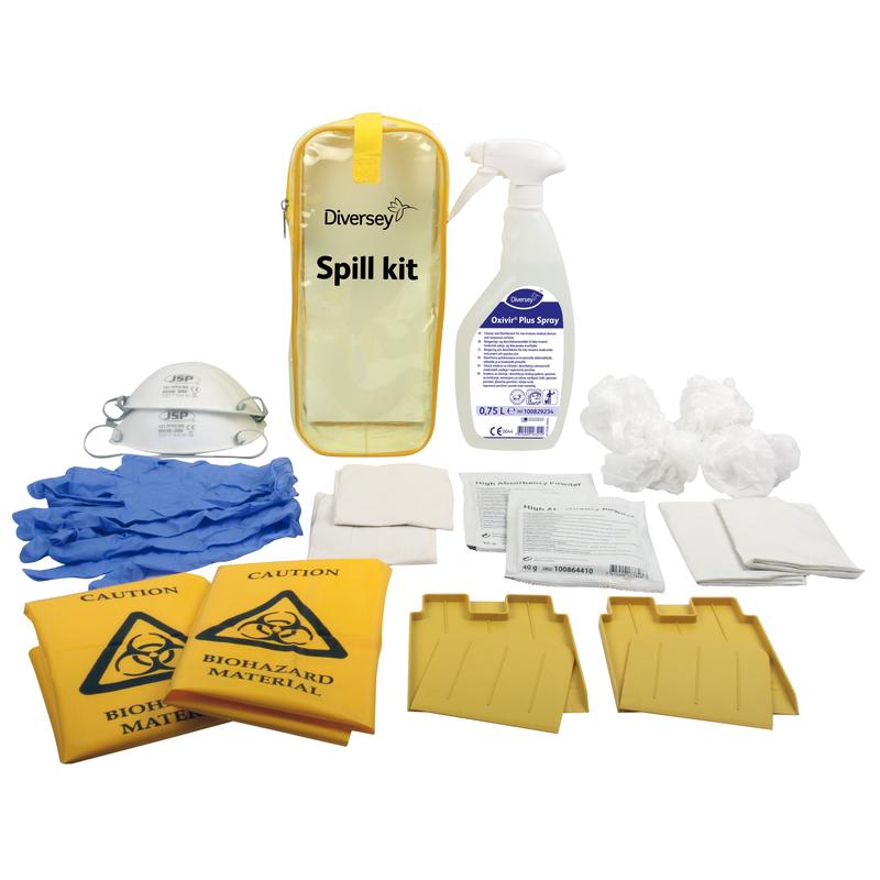 Das Diversey Oxivir Plus Spray Spill Kit von Diversey Deutschland GmbH & Co. OHG, bestehend aus 1x Oxivir Plus Spray und 2x Spill Kits in einer beschrifteten gelben Aufbewahrungstasche, ist auf weißem Hintergrund abgebildet.