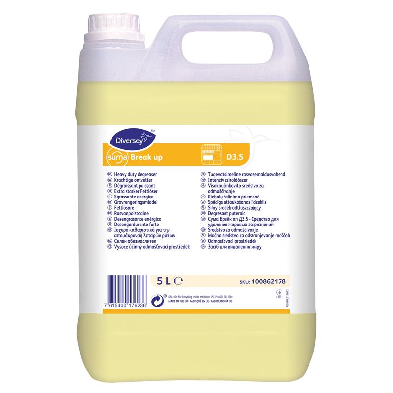 Een 5-liter jerrycan Diversey Suma Break up D3.5 vetoplosser, aluminiumveilig, van Diversey Deutschland GmbH & Co. OHG. Met gele vloeistof en handvat, meertalig gelabeld voor veilig gebruik op aluminiumoppervlakken.