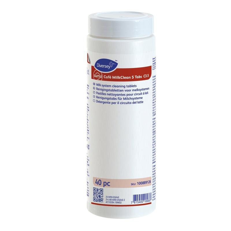 Een witte cilindrische container van Diversey Suma Cafe MilkCleanTabs S C3.5 (40 stuks), reinigingstablet voor espressomachines, toont op het etiket productinformatie en aanwijzingen voor het verwijderen van melkresten van Diversey Deutschland GmbH & Co. OHG.