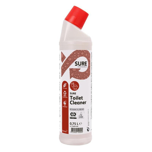 Een witte kunststoffles van 0,75 l SURE Toilet Cleaner, toilet- en urinoirreiniger van Diversey Deutschland GmbH & Co. OHG, met een rode hoekdop en een rood-wit etiket, zorgt voor een effectieve reiniging van toiletten en urinoirs.