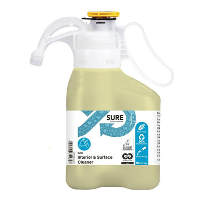 Een lichtgele SURE Interior & Surface Cleaner Allesreiniger van Diversey Deutschland GmbH & Co. OHG in een handzame kunststof fles met maatdop; geëtiketteerd als milieuvriendelijk met plantaardige ingrediënten, ecosymbolen en gebruiksinstructies.