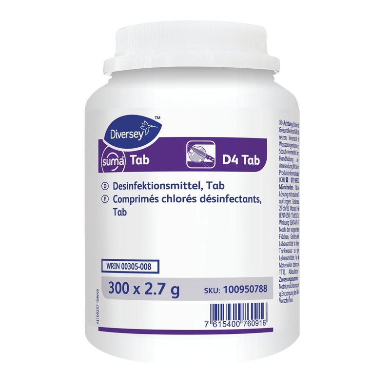 Een witte kunststofcontainer met het opschrift "Suma Tab D4, desinfectietabletten op chloorbasis" van Diversey Deutschland GmbH & Co. OHG bevat 200 tabletten (per dosis) met Duitse/Franse handleiding en productinformatie.