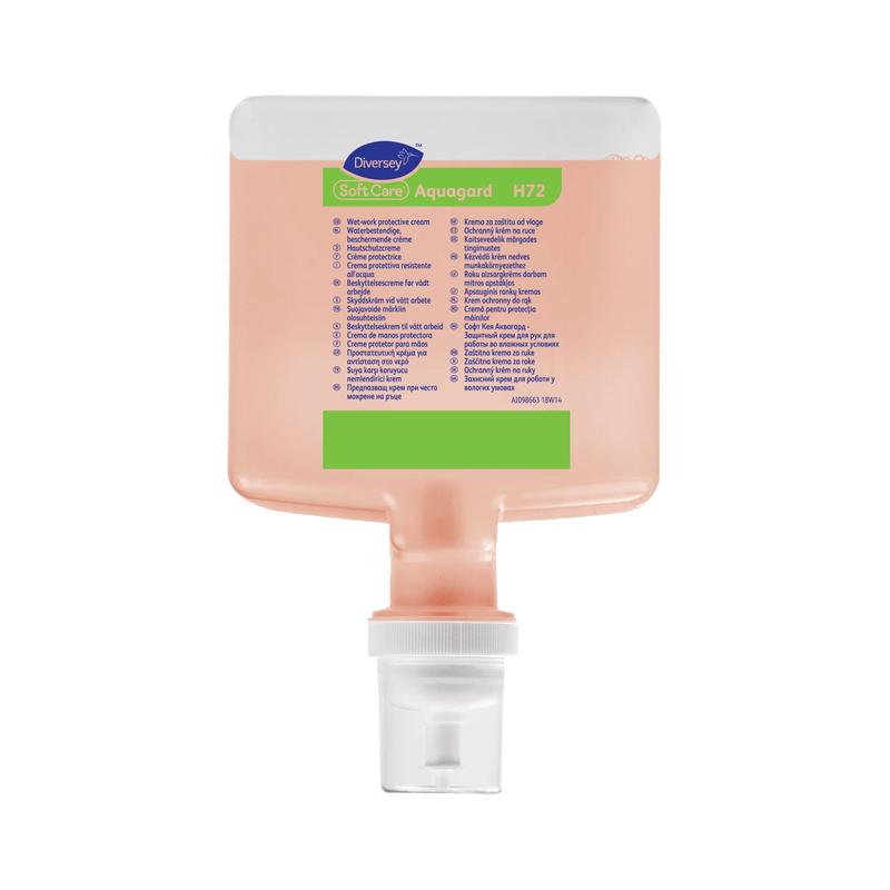 De Soft Care Aquagard huidbeschermingscrème cartridge (1300 ml) van Diversey Deutschland heeft een rechthoekige roze navulverpakking met een witte dop en een blauw-groen etiket, ideaal voor dagelijks gebruik en externe bescherming, zoals een huidbeschermingscrème.