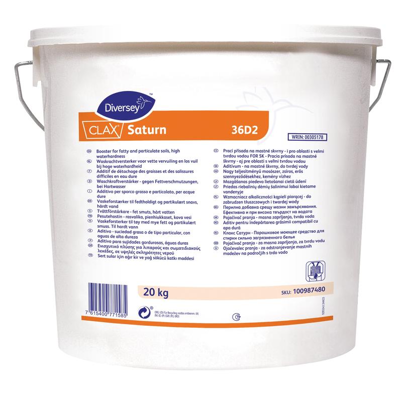 Een 20 kg-zak Clax Saturn 12G1 speciaal wasmiddel voor sterk vervuilde werkkleding van Diversey Deutschland GmbH & Co. OHG, ideaal voor industriële wasserijen; incl. gebruiksaanwijzing in meerdere talen.